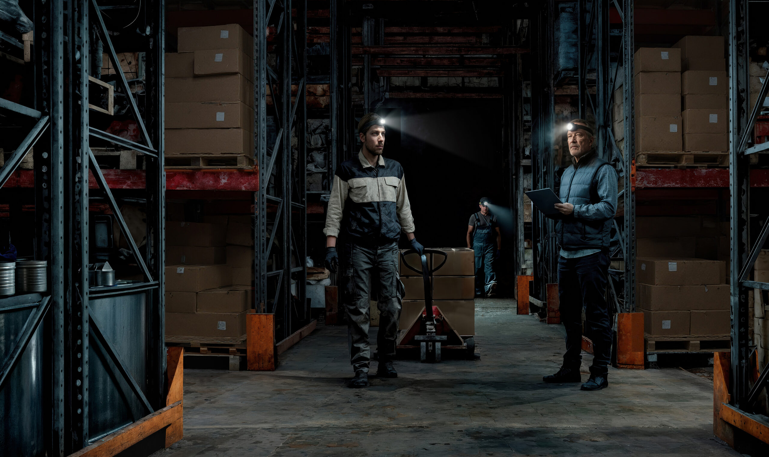 Magazijnmedewerkers met hoofdlamp