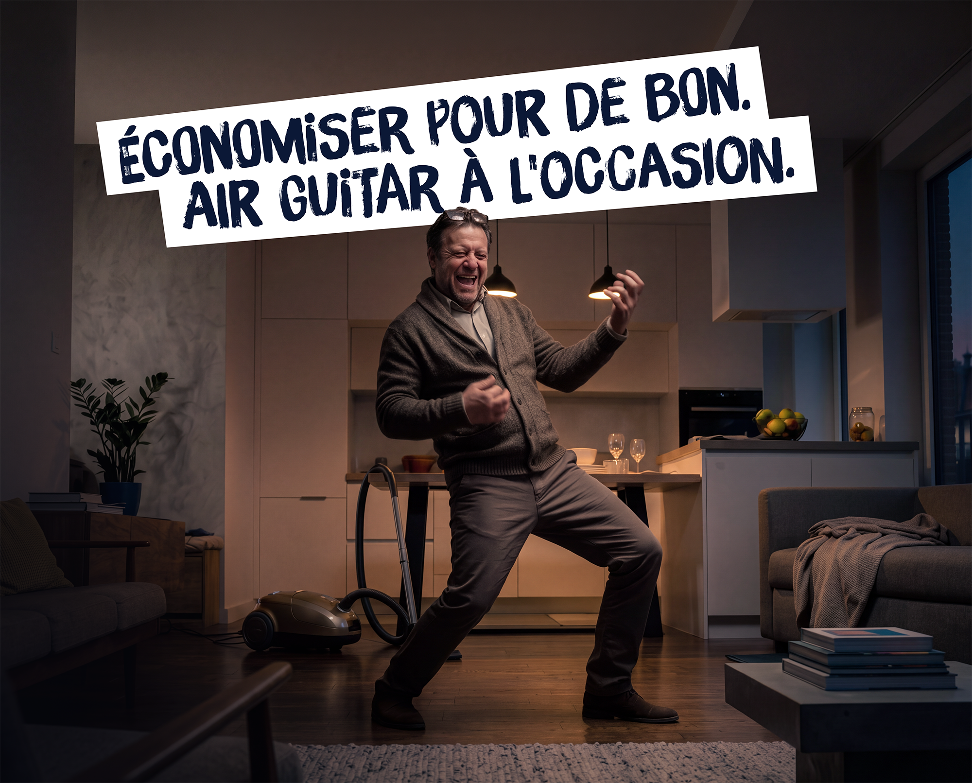 Man speelt air guitar